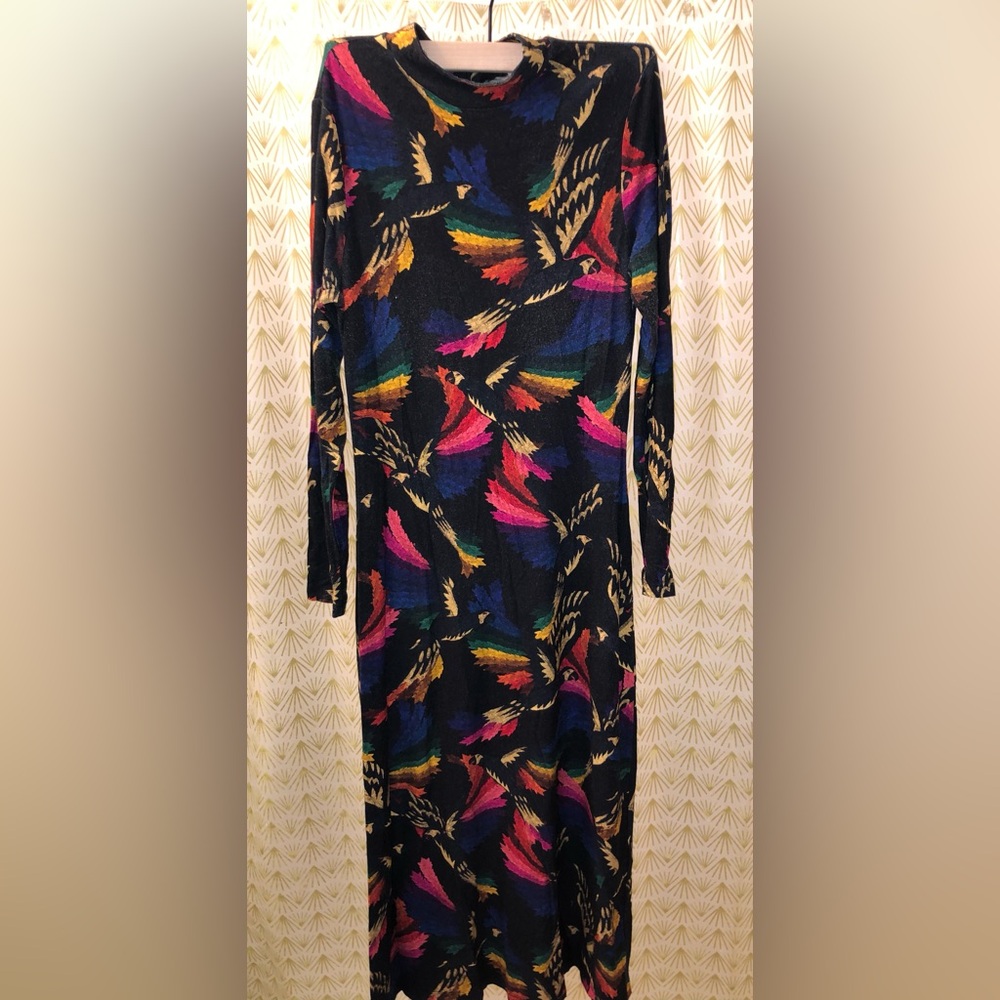 FARM Rio Black Parrot print mock neck long dress, size M
